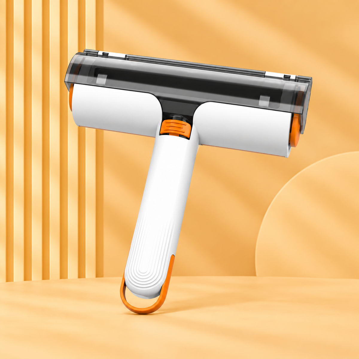 AI-edited visual of white and orange reusable pet hair removal roller on a warm orange background